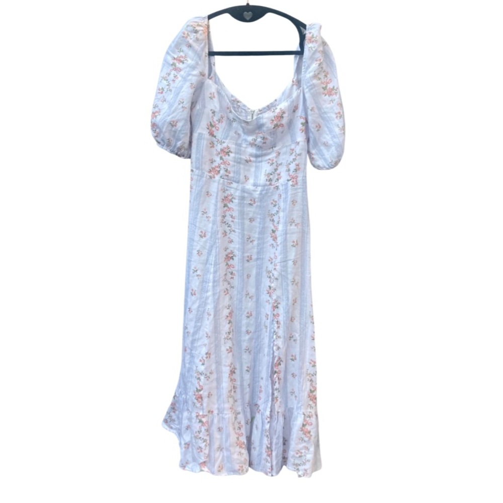 Reformation White Stripe Floral Midi Dress with Pink Roses - Picture 4 of 11
